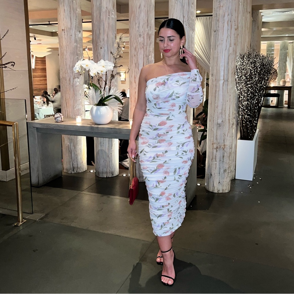 Jluxlabel Ivory Floral Ruched Dress